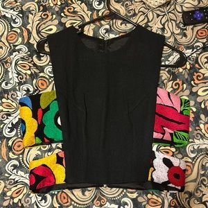 Black Crew Neck Vest. Cropped. Floral sides. Zip up back.